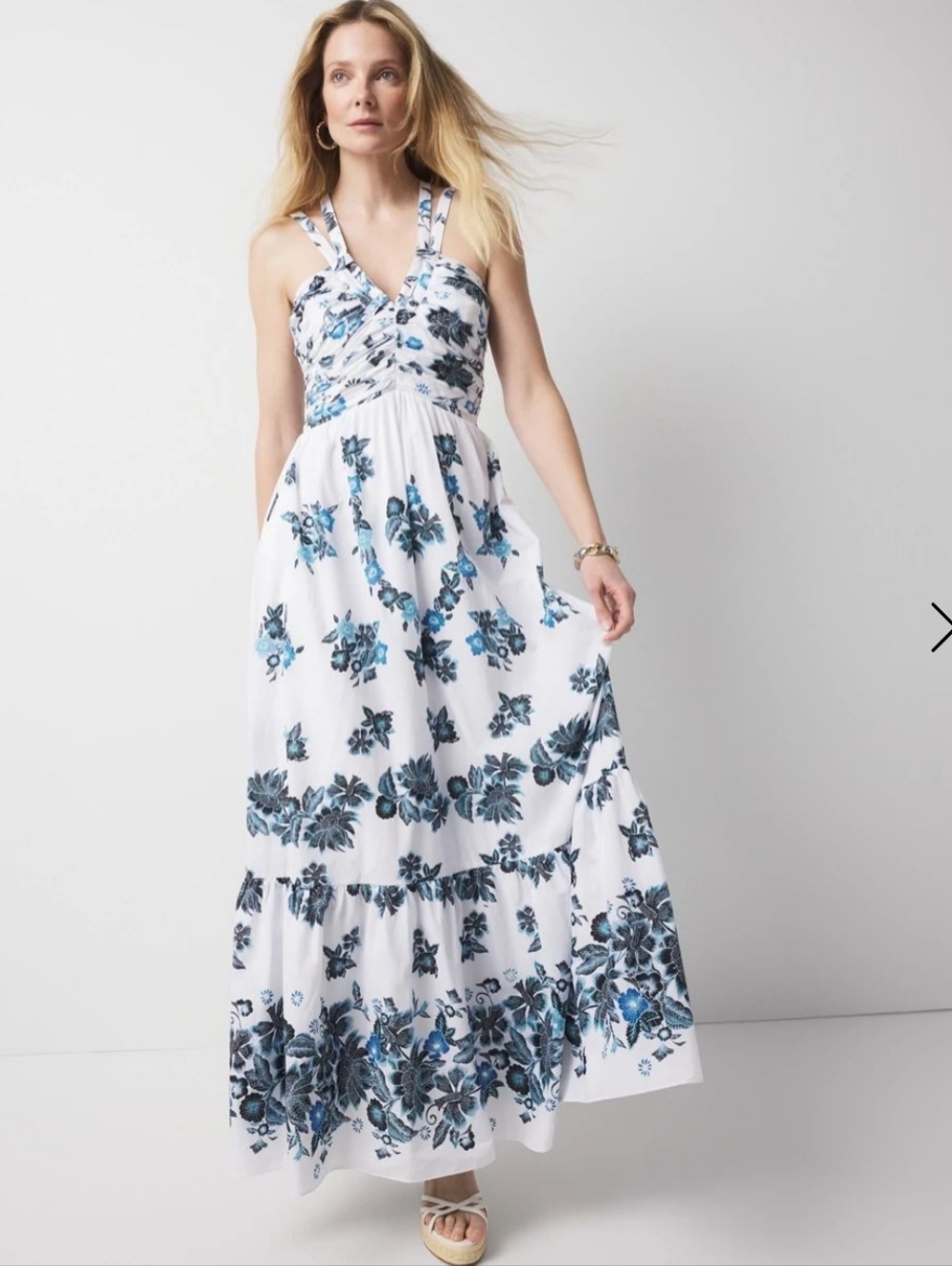 White House Black Market White Maxi Dress with Blue Floral Print